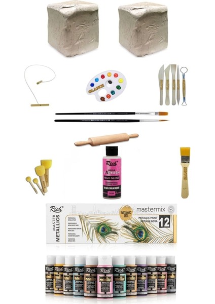 Seramik Hamuru 6x2 kg Rich Master Mix 60CC Akrilik 12Lİ Metalik Renk Seramik Başlangıç Sanat Seti