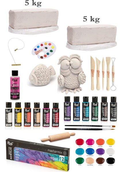 Vakumlu Çamuru Beyaz 5x2 kg Rich Master Mix 60CC Akrilik 12'li Canlı Renk Seramik Başlangıç Set