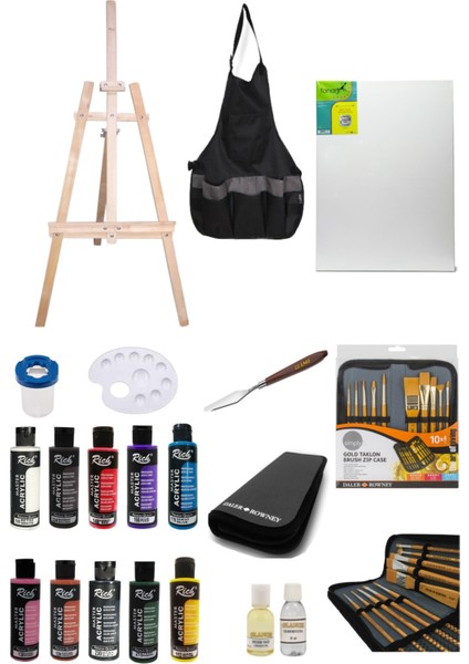 Rich 120 cc 10'lu 10 Renk Akrilik Boya Gold Taklon 10`lu Çantalı Fırça Profesyonel Şövale Seti