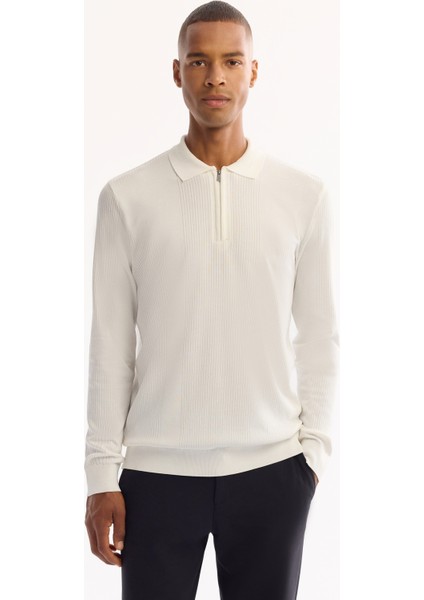Erkek Ekru Polo Yaka Fermuarlı Rayon Tüylenmeyen Dokulu Triko Regular Fit Kazak A52Y5019