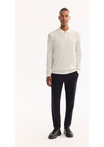 Erkek Ekru Polo Yaka Fermuarlı Rayon Tüylenmeyen Dokulu Triko Regular Fit Kazak A52Y5019