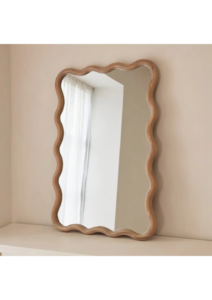 Açık Ahşap Dalgalı Retro Duvar Aynası 100CM x 70CM