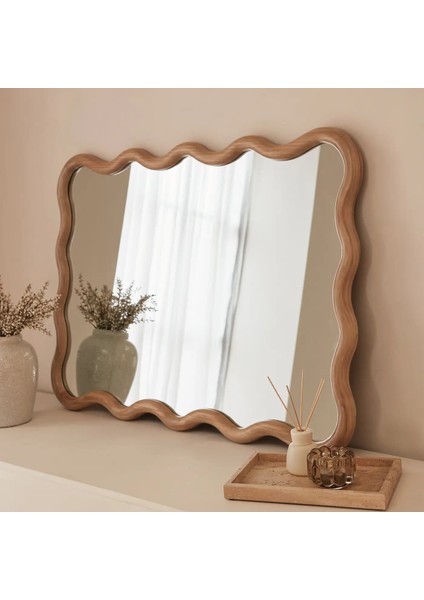 Açık Ahşap Dalgalı Retro Duvar Aynası 100CM x 70CM