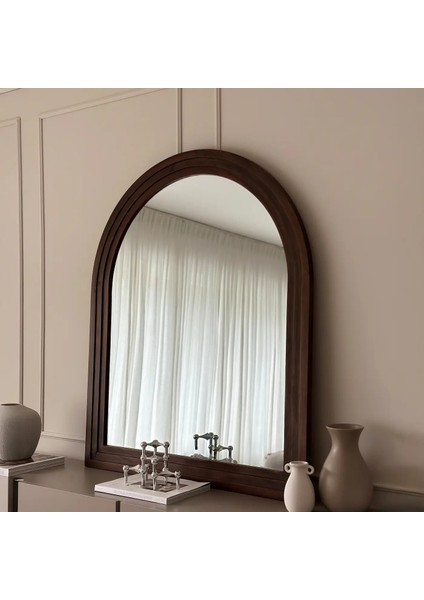 Koyu Ahşap Kemerli Şömine Üstü Ayna 120CM x 100CM