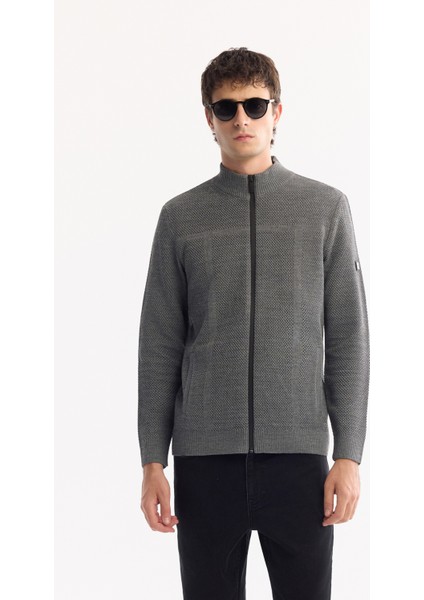 Erkek Antrasit Dik Yaka Fermuarlı Yün Karışımlı Dokulu Regular Fit Hırka A52Y5044