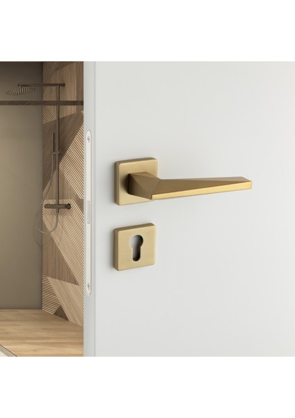 Prızma Rozetli Kapı Kolu Altın Saten Renk Yale ( Dış Kapı Rozetli)