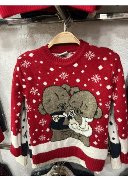 Yılbaşı Çift Ayıcık Desenli Çocuk Kırmızı Triko Kazak fiyatları