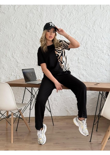 Kadın Bisiklet Yaka Kısa Kol Leopar Desen Bluz ve Pantolon Ikili Takım