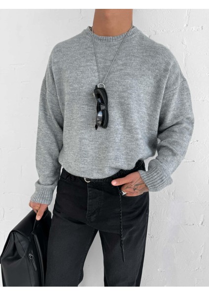 Erkek Oversize Yumuşak Dokulu Kazak Gri