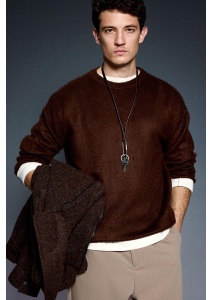 Erkek Oversize Yumuşak Dokulu Kazak Kahve