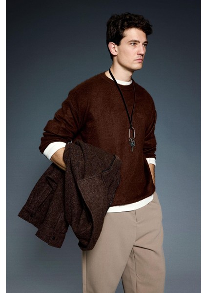 Erkek Oversize Yumuşak Dokulu Kazak Kahve fiyatları