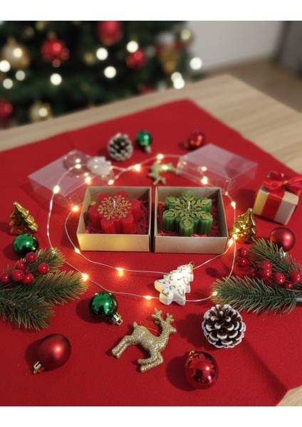 Yılbaşı Kırmızı ve Yeşil Kar Tanesi Mum Seti, Hediye Kutulu 2'li Set