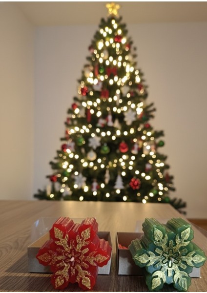 Yılbaşı Kırmızı ve Yeşil Kar Tanesi Mum Seti, Hediye Kutulu 2'li Set fiyatları