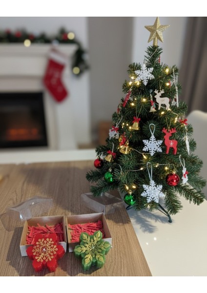 Yılbaşı Kırmızı ve Yeşil Kar Tanesi Mum Seti, Hediye Kutulu 2'li Set modelleri