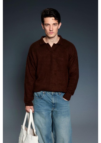 Erkek Polo Yaka Yumuşak Dokulu Oversize Kazak Kahve fiyatları