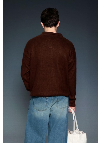 Erkek Polo Yaka Yumuşak Dokulu Oversize Kazak Kahve modelleri