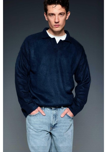 Erkek Polo Yaka Yumuşak Dokulu Oversize Kazak Lacivert