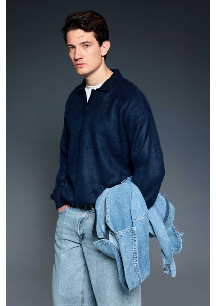 Erkek Polo Yaka Yumuşak Dokulu Oversize Kazak Lacivert modelleri