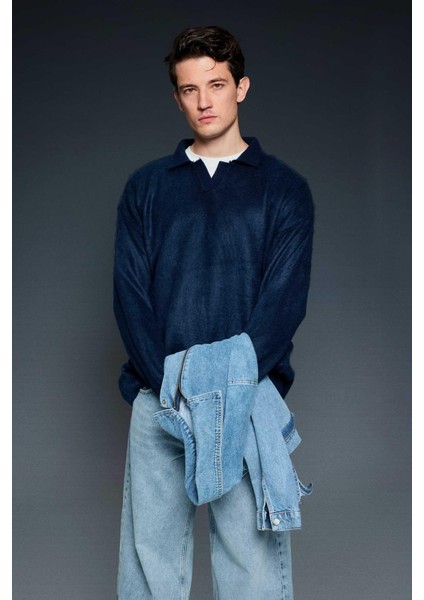 Erkek Polo Yaka Yumuşak Dokulu Oversize Kazak Lacivert fırsatları