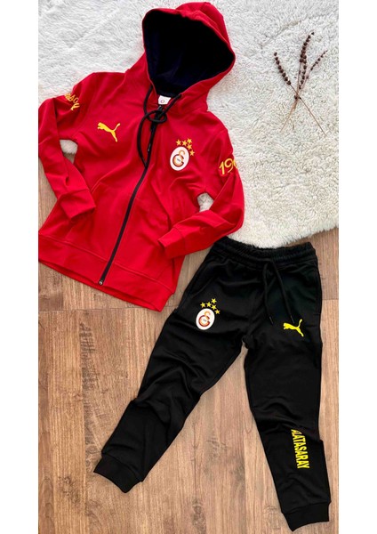 Galatasaray - Kapşonlu 5 Yıldızlı 3 Iplik Çocuk Eşofman Takımı