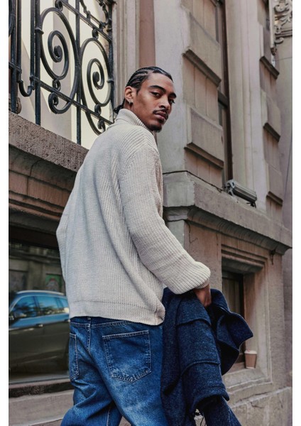 Erkek Oversize Balıkçı Yaka Boğazlı Kazak Bej indirimleri