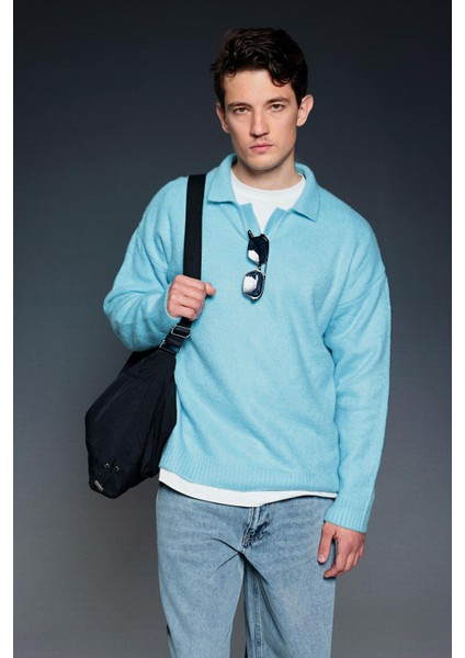 Erkek Polo Yaka Yumuşak Dokulu Oversize Kazak Bebek Mavi