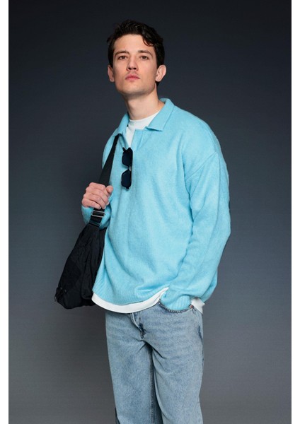 Erkek Polo Yaka Yumuşak Dokulu Oversize Kazak Bebek Mavi fiyatları