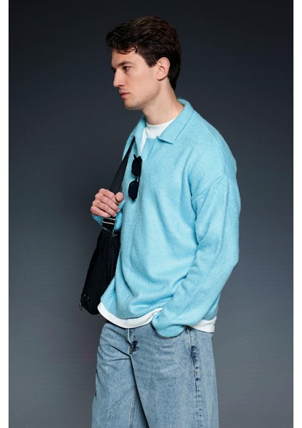 Erkek Polo Yaka Yumuşak Dokulu Oversize Kazak Bebek Mavi modelleri