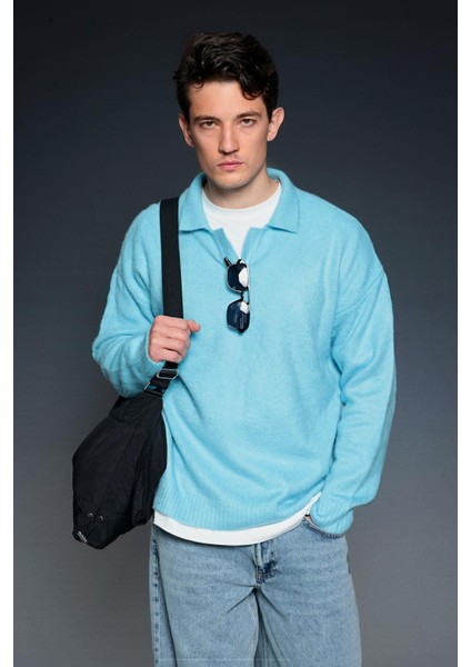 Erkek Polo Yaka Yumuşak Dokulu Oversize Kazak Bebek Mavi fırsatları