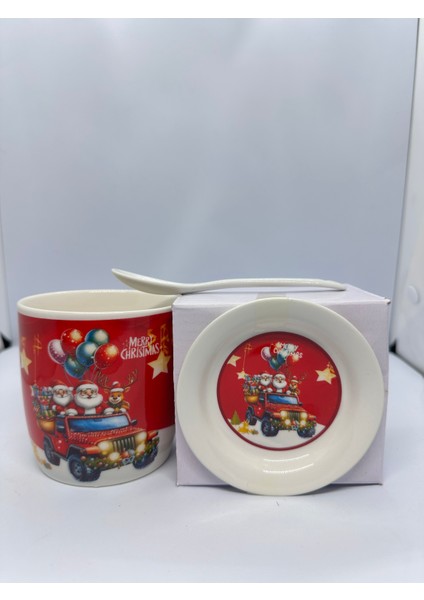 Santa & Geyik 3 Parça Yılbaşı Temalı Kupa, Tabak ve Kaşık Seti | Hediye Kutulu