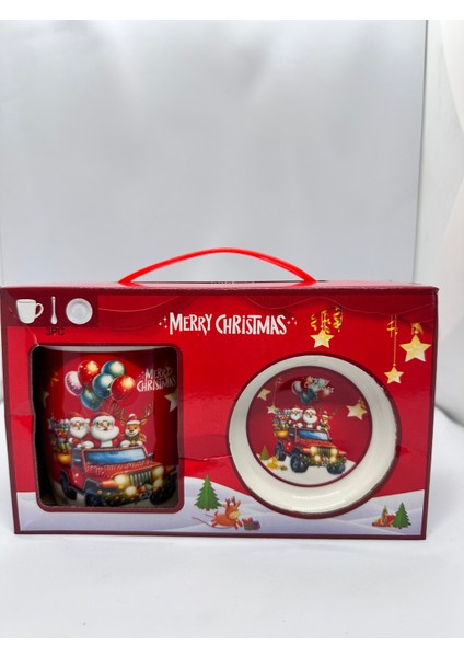 Santa & Geyik 3 Parça Yılbaşı Temalı Kupa, Tabak ve Kaşık Seti | Hediye Kutulu fiyatları
