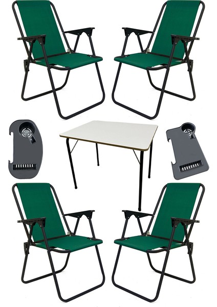 Litea 4 Adet Kamp Sandalyesi Katlanır Piknik Sandalye ve Bardaklık Yeşil + Katlanır Mdf Masa