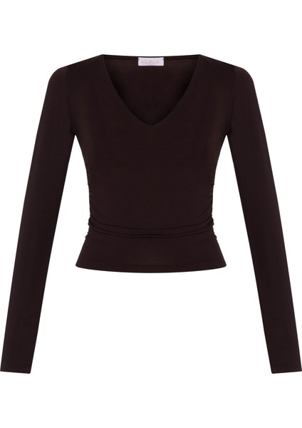 V Yaka Yanı Büzgülü Kahve Bluz
