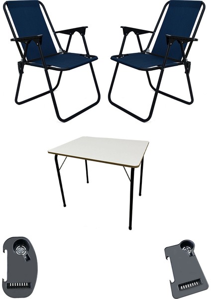 Litea 2 Adet Kamp Sandalyesi Katlanır Piknik Sandalye ve Bardaklık Lacivert + Katlanır Mdf Masa
