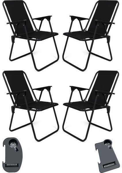 Litea 4 Adet Kamp Sandalyesi Katlanır Piknik Sandalye ve Bardaklık Siyah