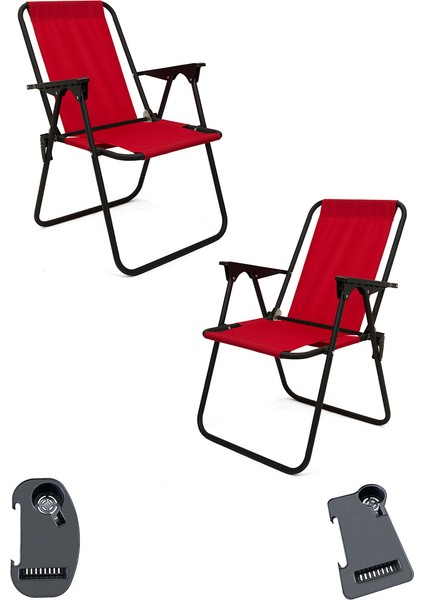 Litea 2 Adet Kamp Sandalyesi Katlanır Piknik Sandalye ve Bardaklık Kırmızı
