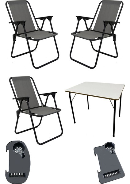Litea 3 Adet Kamp Sandalyesi Katlanır Piknik Sandalye ve Bardaklık Gri + Katlanır Mdf Masa
