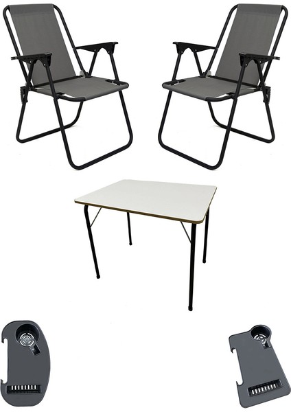 Litea 2 Adet Kamp Sandalyesi Katlanır Piknik Sandalye ve Bardaklık Gri + Katlanır Mdf Masa