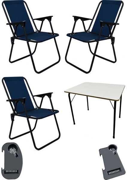 Litea 3 Adet Kamp Sandalyesi Katlanır Piknik Sandalye ve Bardaklık Lacivert + Katlanır Mdf Masa