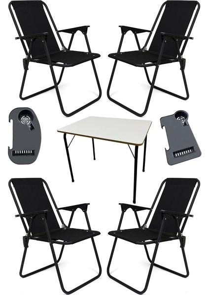 Litea 4 Adet Kamp Sandalyesi Katlanır Piknik Sandalye ve Bardaklık Siyah + Katlanır Mdf Masa