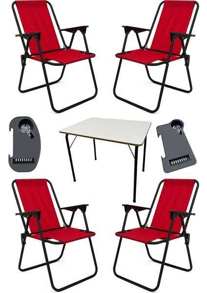 Litea 4 Adet Kamp Sandalyesi Katlanır Piknik Sandalye ve Bardaklık Kırmızı + Katlanır Mdf Masa
