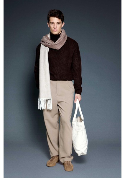 Erkek Oversize Balıkçı Yaka Boğazlı Kazak Kahverengi