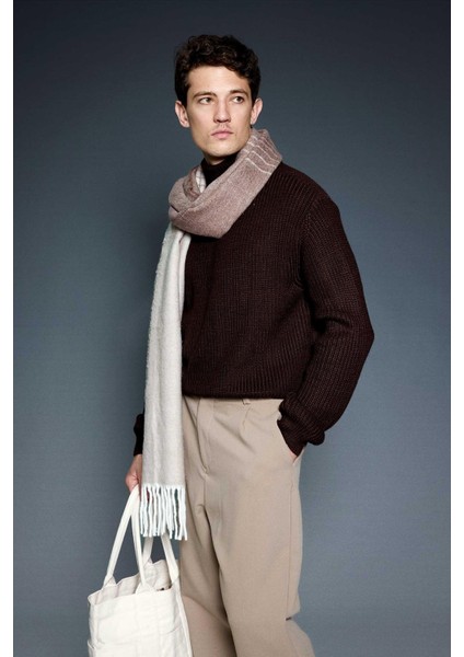 Erkek Oversize Balıkçı Yaka Boğazlı Kazak Kahverengi fiyatları