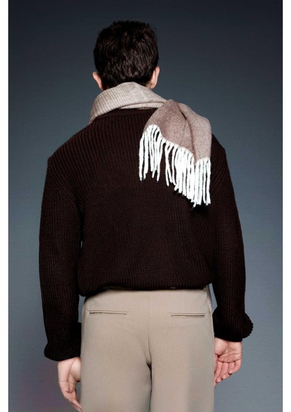 Erkek Oversize Balıkçı Yaka Boğazlı Kazak Kahverengi fırsatları