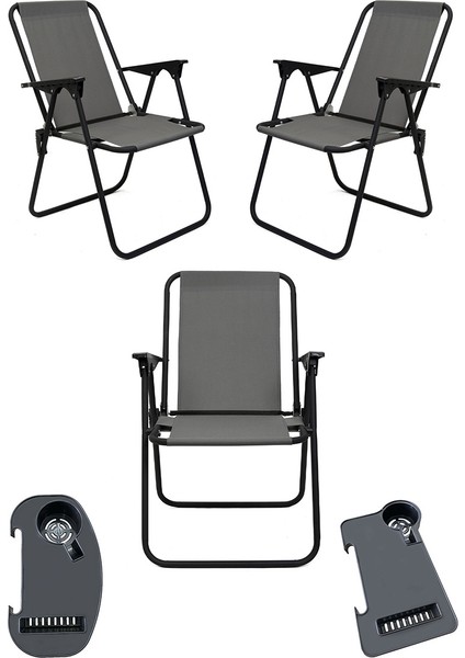 Litea 3 Adet Kamp Sandalyesi Katlanır Piknik Sandalye ve Bardaklık Gri