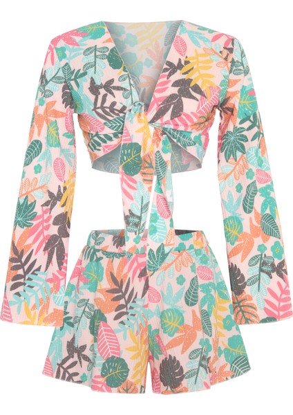 Dokulu Desenli Crop Top - Şort Takım