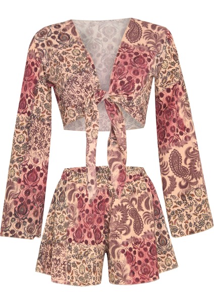 Dokulu Desenli Crop Top - Şort Takım