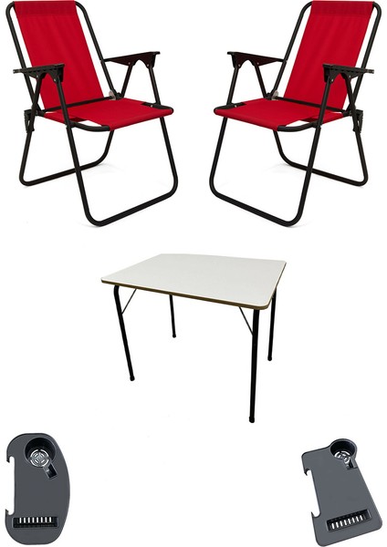 Litea 2 Adet Kamp Sandalyesi Katlanır Piknik Sandalye ve Bardaklık Kırmızı + Katlanır Mdf Masa