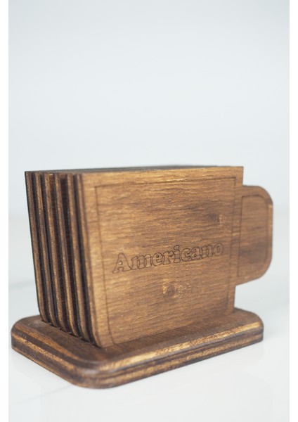 Kahve Isimli 6’lı Fincan Formu Ahşap Bardak Altlığı Seti – Standlı