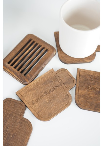 Kahve Isimli 6’lı Fincan Formu Ahşap Bardak Altlığı Seti – Standlı fırsatları